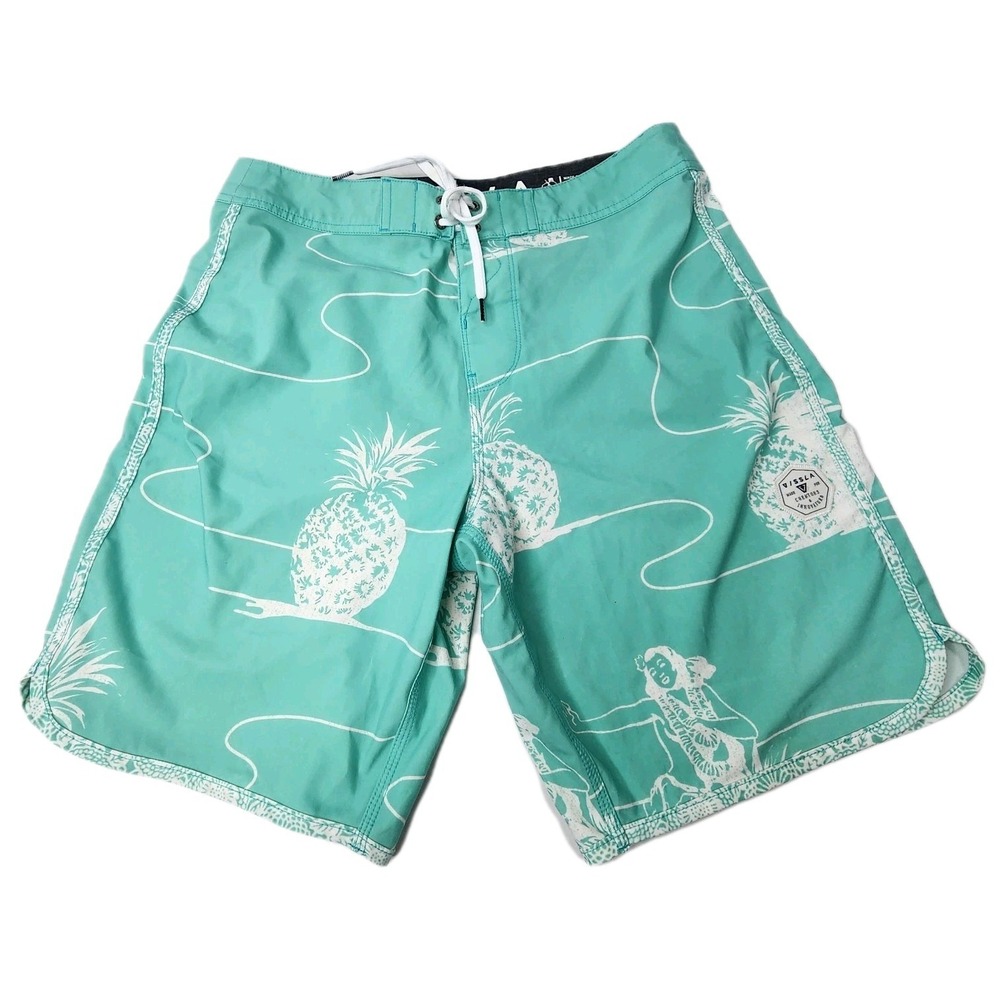 Vissla Surf Board Shorts Mens Size 30 Pineapple Hula Girl Hawaiian Teal